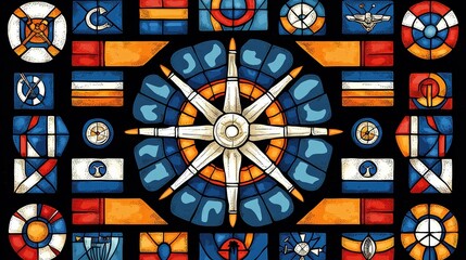 Poster - Colorful Abstract Geometric Mosaic Pattern with Stained Glass Motifs and Contrasting Shapes and Symbols