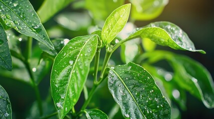 Wall Mural - Wet green leaves with water droplets after rain in natural environment