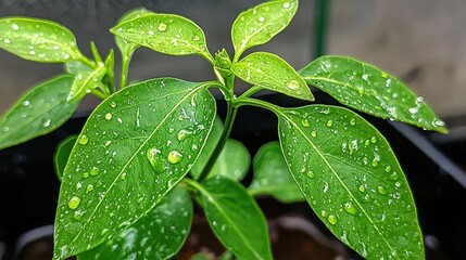 Wall Mural - Droplets on lush green leaves in tranquil natural environment