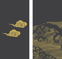 Wall Mural - brush stroke object with japanese wave and chinese cloud pattern vector. gold texture banner in vint