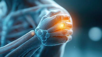 Poster - detailed medical illustration of human shoulder joint, showcasing skeletal structure and highlighting area of pain with glowing effect. This emphasizes complexity of human anatomy