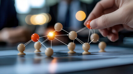 Fototapete - Building connections with symbolic figures represents corporate success and teamwork. image captures hand manipulating nodes, emphasizing collaboration and strategy