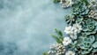 © ThuyTrang - A minimalistic design featuring succulents in muted green tones paired with pure white flowers, forming a border around the edges, open center with a pale textured backdrop, soft-focus details,