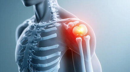 Poster - detailed 3D medical illustration of human shoulder anatomy, highlighting heart area with glowing effect. This showcases intricate structure of bones and muscles