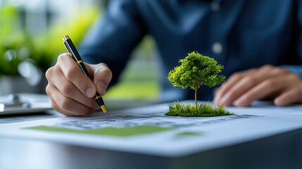 Aufkleber - designer sketches architectural plan with small tree model, symbolizing sustainable landscape planning. scene conveys creativity and environmental awareness