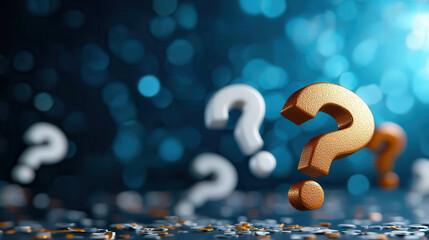 Poster - Conceptual illustration of floating question marks in various colors, symbolizing curiosity and inquiry. blurred background adds depth and intrigue to scene
