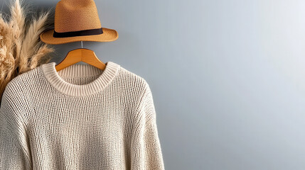 Poster - Cozy beige sweater and straw hat hanging against soft blue wall, complemented by decorative dried plants, creating warm and inviting atmosphere