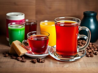 Collection of glass teacups with colored teas displayed on wooden background, colorful, beverage, gradient