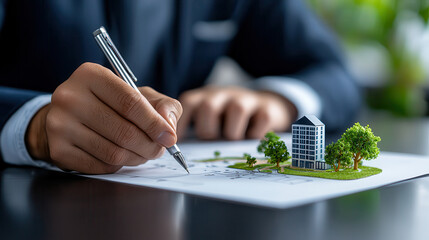Fototapete - person sketches urban planning concept with miniature building and trees, showcasing creativity and design skills