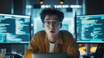 a software developer battling with code in a sleek, modern office. featuring glowing screens showing