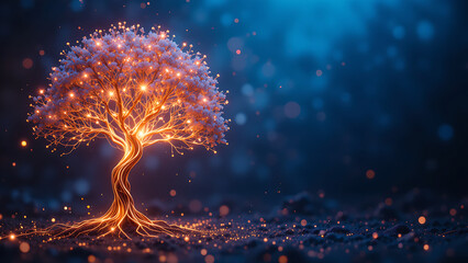 Abstract glowing tree on blue background. Technology growth and digital transformation.