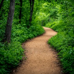 Wall Mural - Serene winding path through lush green forest inviting peaceful nature walk