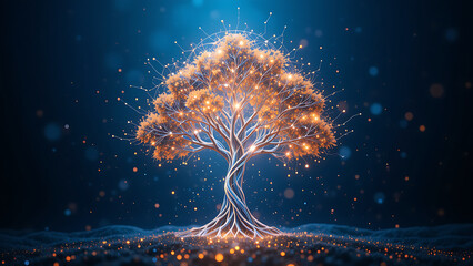 Abstract glowing tree on blue background. Technology growth and digital transformation.
