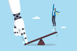 © Nuthawut - Artificial intelligence to support and help business success, AI automation tech, innovation boost employee development, assistant for improvement concept, robot hand help businessman jump on seesaw.