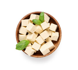 Wall Mural - Bowl with pieces of tasty tofu cheese isolated on white background