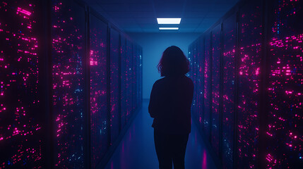 Female in Server Room Amidst Network of Glowing Lights and Data Processing Systems for Cyber Security.