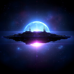 Wall Mural - futuristic spaceship above the glowing blue exoplanet in deep space exploration scene design.