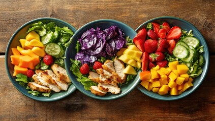 Wall Mural - Healthy Grilled Chicken Salad Bowls on Wood