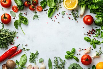 Wall Mural - Fresh vegetables herbs frame, white background, recipe, cooking