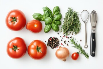 Wall Mural - Fresh tomatoes, herbs, spices, & onion on white background for cooking recipe