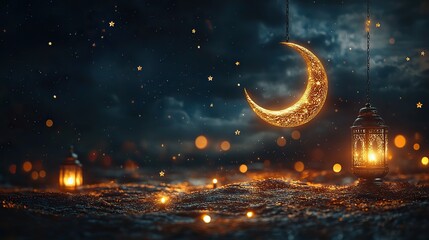 Wall Mural - beautiful ramadan kareem background with golden crescent moon stars,lanterns for eid mubarak celebra