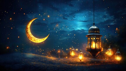 Wall Mural - beautiful ramadan kareem background with golden crescent moon stars,lanterns for eid mubarak celebra