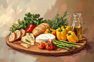 Wall Mural - Wooden board, Mediterranean cheese, bread, vegetables, oil, still life, kitchen, cooking