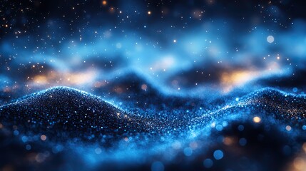Wall Mural - blue glowing particles on dark background with bokeh effect