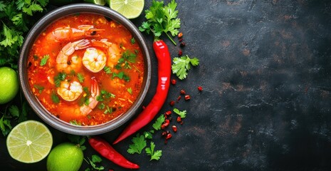 Wall Mural - Spicy Tom Yum Soup, Shrimp, Lime, Chili, Food Photography, Dark Background, Recipe