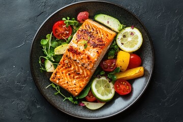 Wall Mural - Grilled salmon, vegetable salad, dark background, healthy meal, food photography