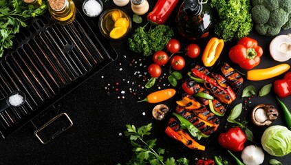 Wall Mural - Grilled vegetables, herbs, spices, preparing BBQ, dark background, food blog