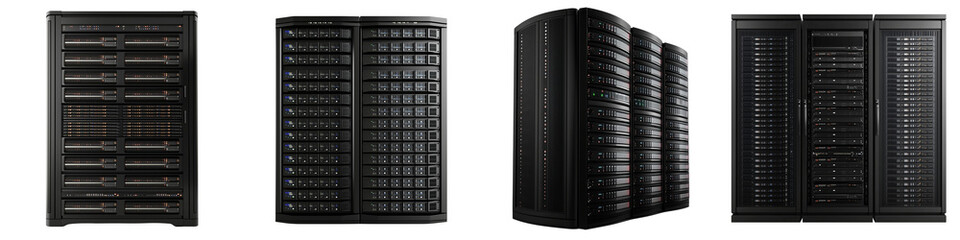 Wall Mural - Set of a large server with many hard drives, black in color, isolated on a transparent background. 