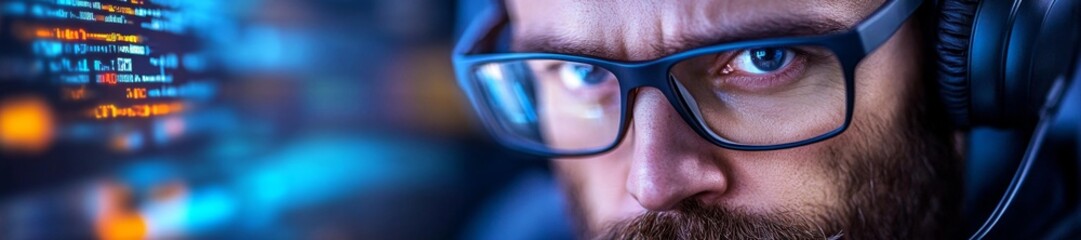 Focused programmer working on coding project with glasses and headset in front of a screen full of code. Generative AI