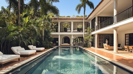 Wall Mural - minimalist tropical house. the pool is in the center of the house dividing public and more private s