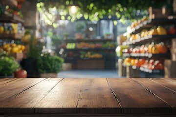 Wall Mural - Wooden table, produce market, sunlight, bokeh, food display, advertising