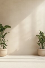 Wall Mural - Minimalist beige room, potted plants, sunlight, blank wall, product display