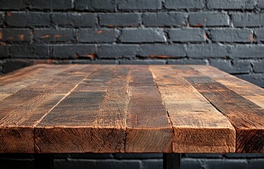 Rustic wooden table, brick wall background, product display