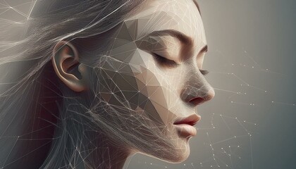 Human-AI Integration: 3D Illustration of Woman's Profile with Geometric Patterns.