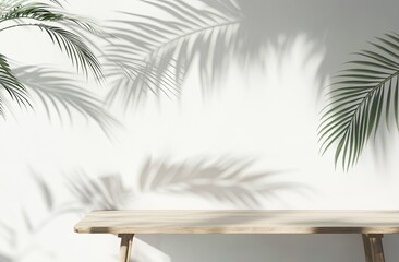 Wall Mural - Wooden table, palm shadows, white wall, sunlight, mockup