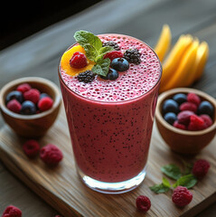 Wall Mural - An smoothie setup with main glass filled with bright smoothie, separate bowls for toppings of fresh fruits and herbs, served on wooden board.