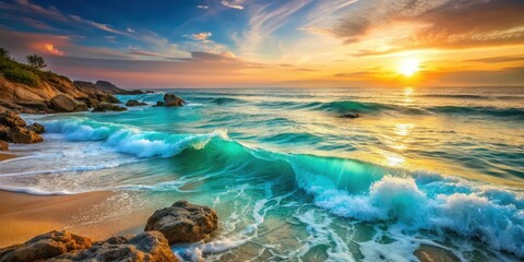 Wall Mural - Turquoise ocean waves gently lapping against a rocky shoreline at sunset, beach, ocean waves,  beach, ocean waves,sunset, scene, sea