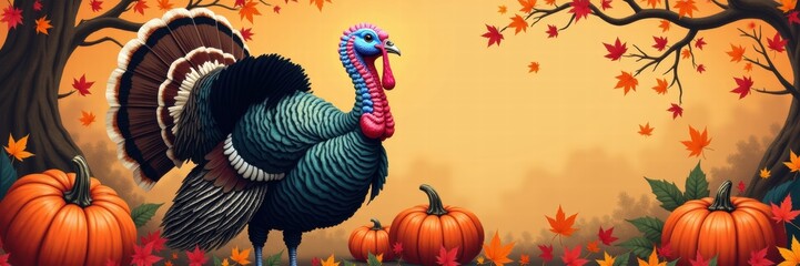 Wall Mural - Celebrate the autumn season with this vibrant illustration of a turkey surrounded by pumpkins and fall foliage, perfect for Thanksgiving-themed projects.