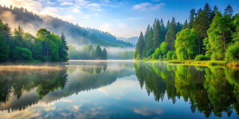 Wall Mural - A misty morning view of a tranquil lake surrounded by tall trees and lush greenery, reflection, nature,  reflection