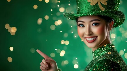 Wall Mural - St. Patrick's Day Portrait of a Asian woman smiling brightly, wearing a sparkling green blouse with a shining green hat adorned with a shamrock. She pointing with her index finger to the side