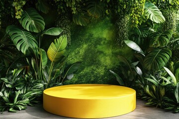 Wall Mural - Yellow podium, tropical plants, green wall, product display