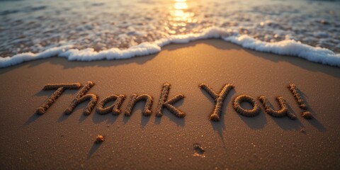 A heartfelt ,Thank You,, etched in golden sand kissed by a gentle ocean sunset