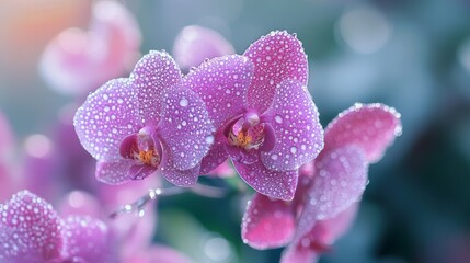 Poster - An enchanting image of purple orchids with crystal-clear water droplets clinging to their smooth petals, capturing the beauty and allure of these exotic flowers.