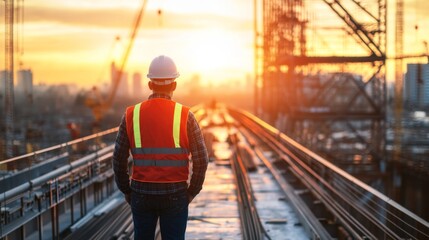 Aufkleber - An impressive image of a civil engineer standing on a bridge under construction, with a hard hat and safety vest, showcasing dedication to infrastructure development.