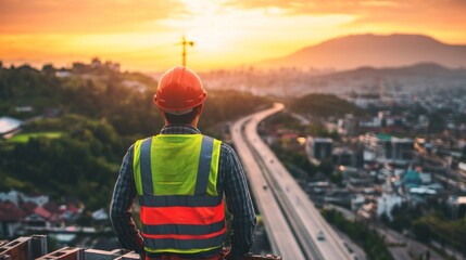 Poster - An impressive image of a civil engineer standing on a bridge under construction, with a hard hat and safety vest, showcasing dedication to infrastructure development.