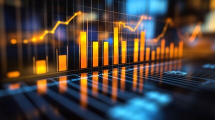 Poster - A D bar chart in metallic shades showing financial trends, with reflections on a glass surface and a dark professional background.